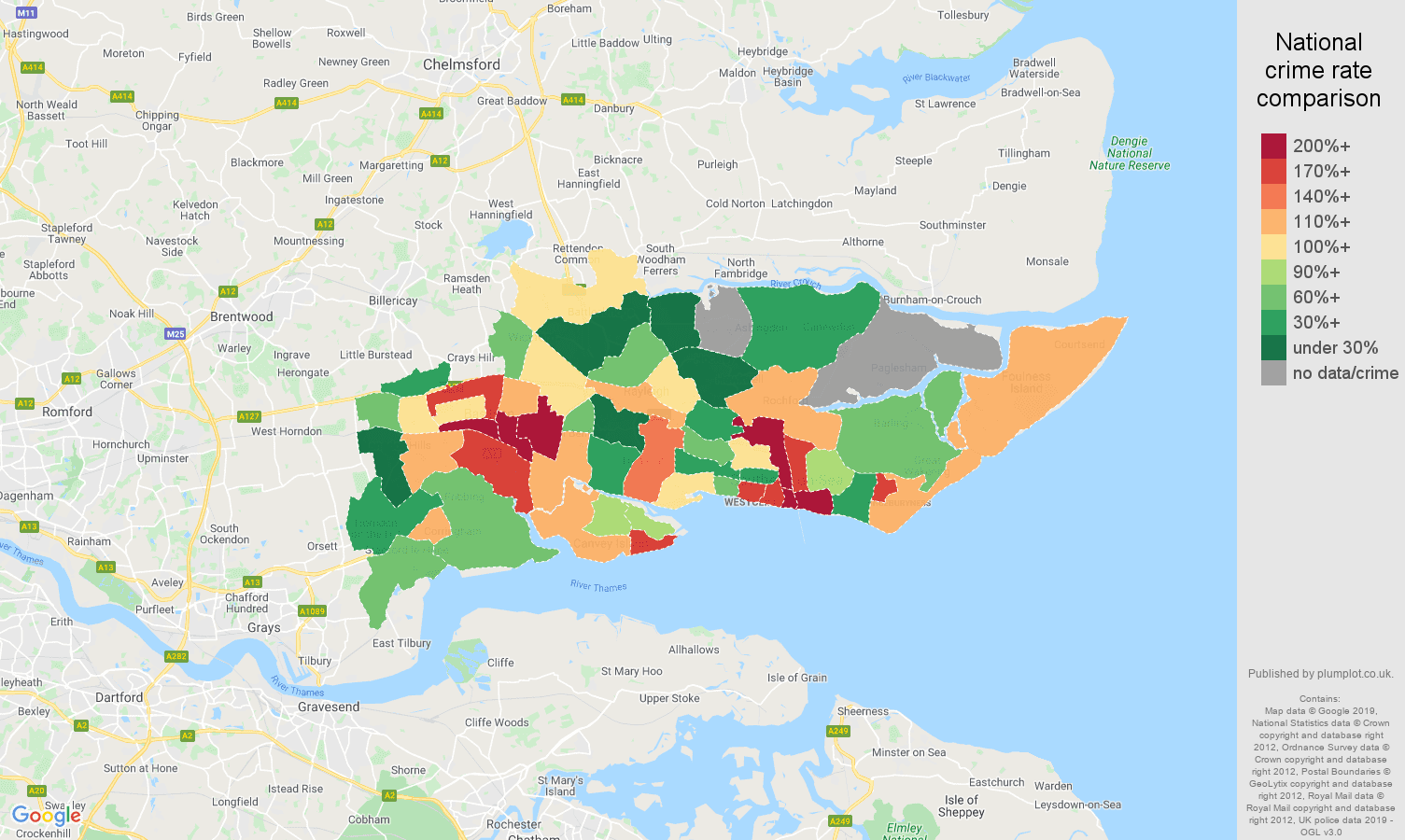 Southend on Sea possession of weapons crime rate comparison map