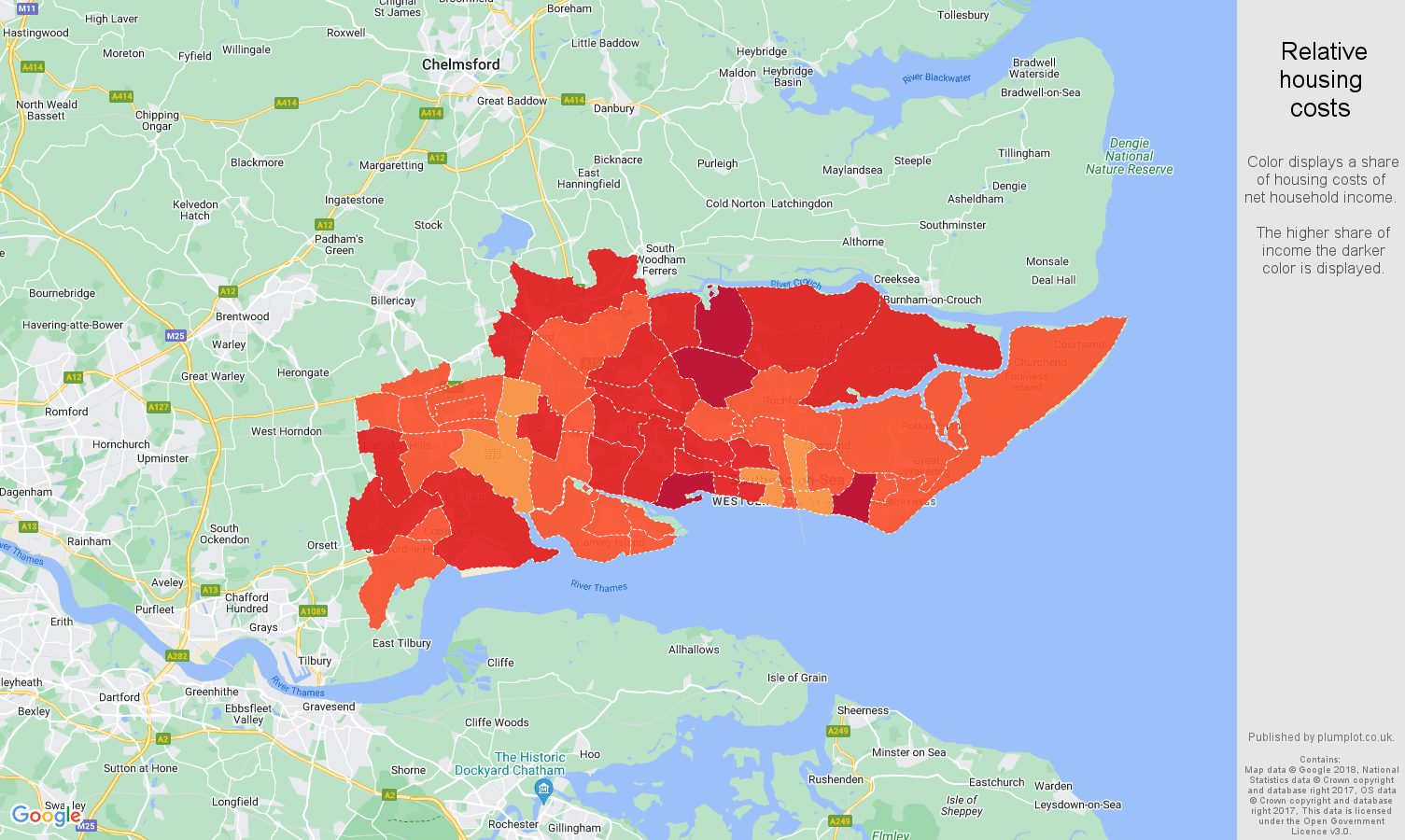 Southend on Sea relative housing costs map