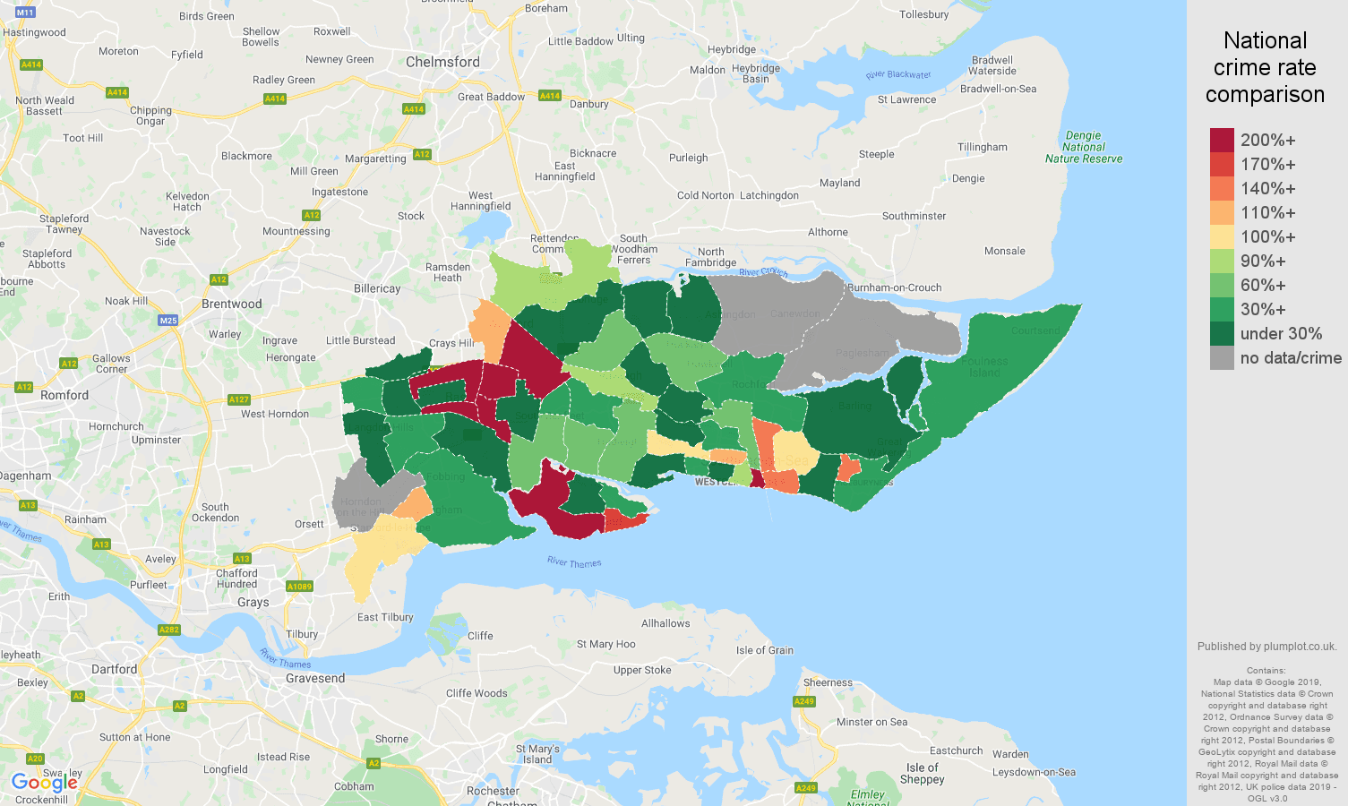 Southend on Sea shoplifting crime rate comparison map