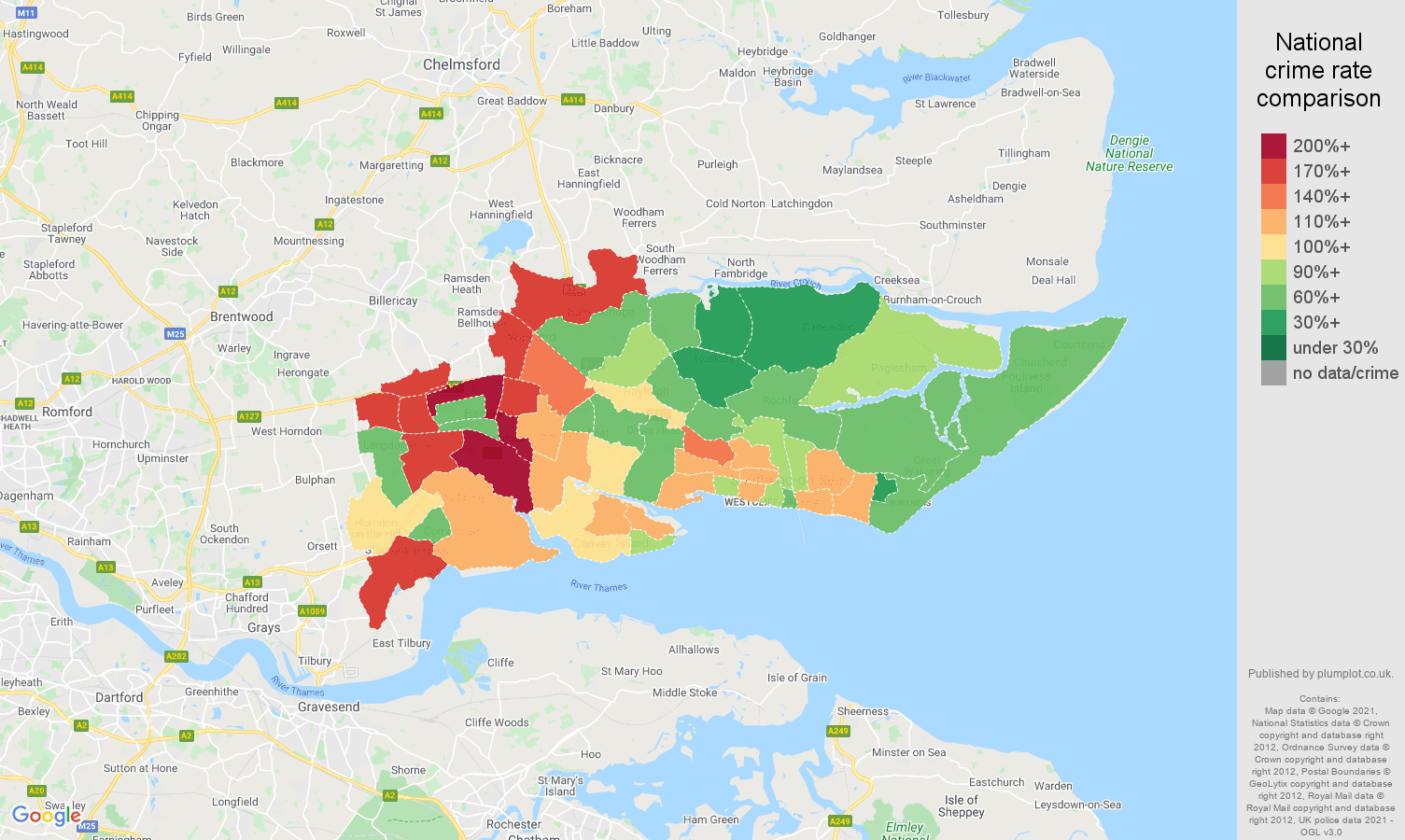Southend on Sea vehicle crime rate comparison map