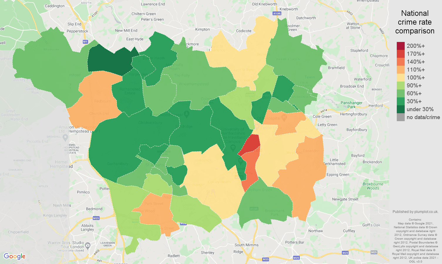 St Albans burglary crime rate comparison map