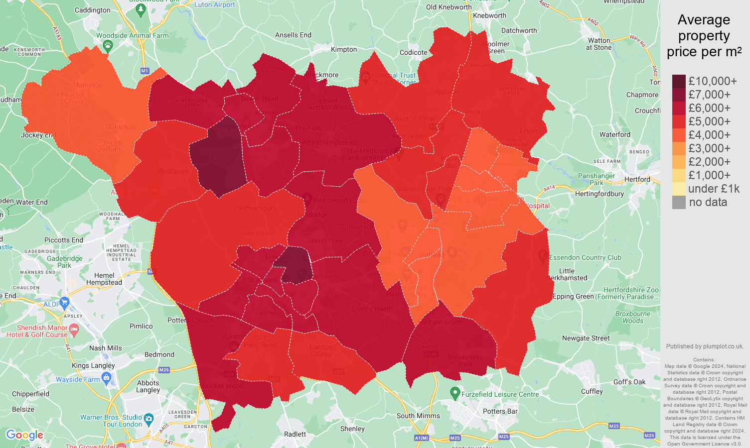 St Albans house prices per square metre map