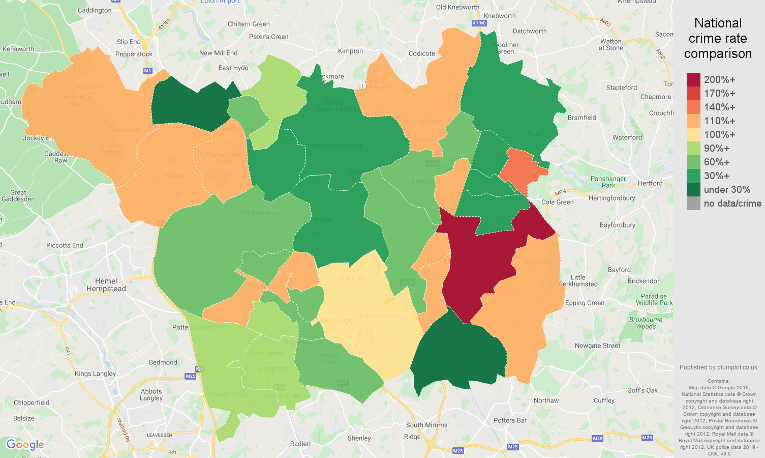 St Albans other theft crime rate comparison map