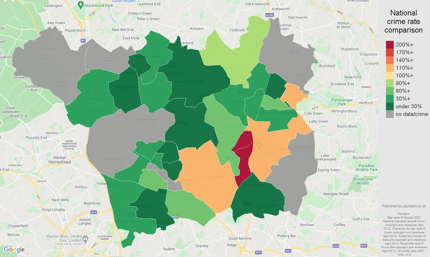 St Albans robbery crime rate comparison map