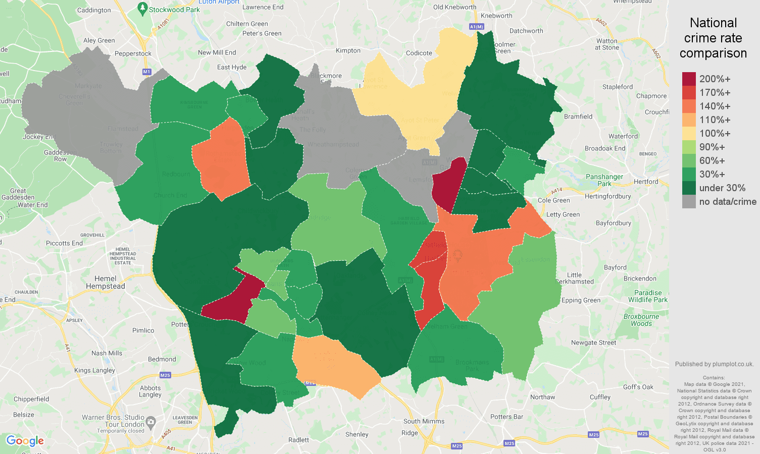 St Albans theft from the person crime rate comparison map