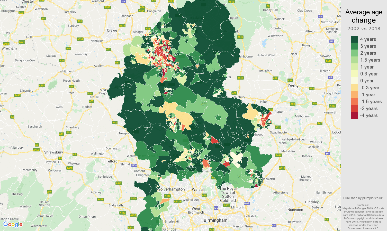 Staffordshire average age change map