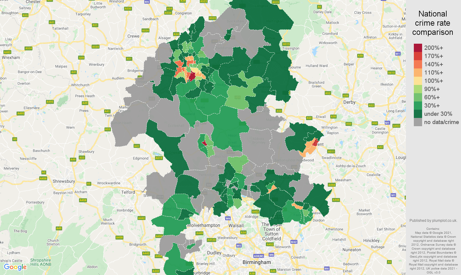 Staffordshire bicycle theft crime rate comparison map
