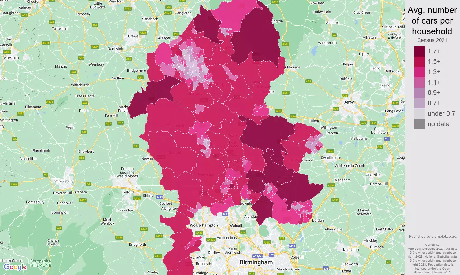 Staffordshire cars per household map