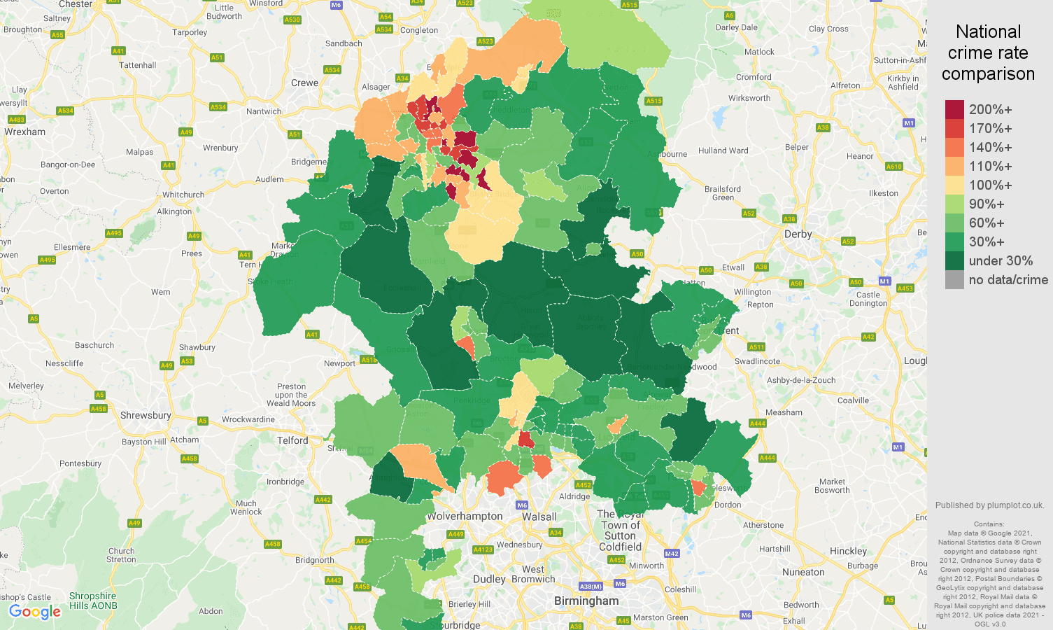 Staffordshire criminal damage and arson crime rate comparison map