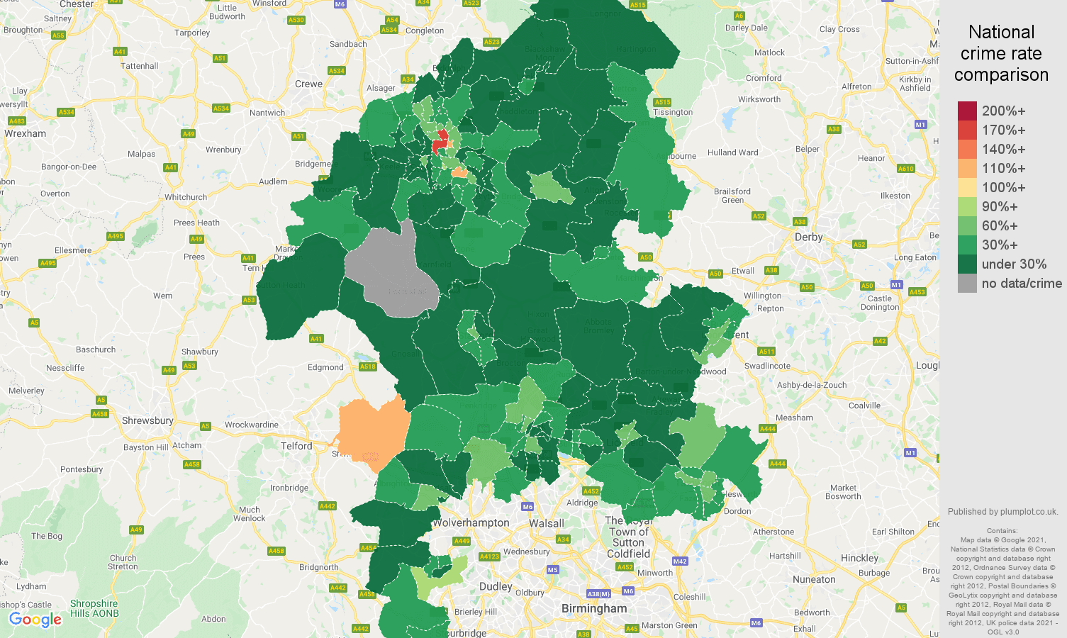 Staffordshire drugs crime rate comparison map