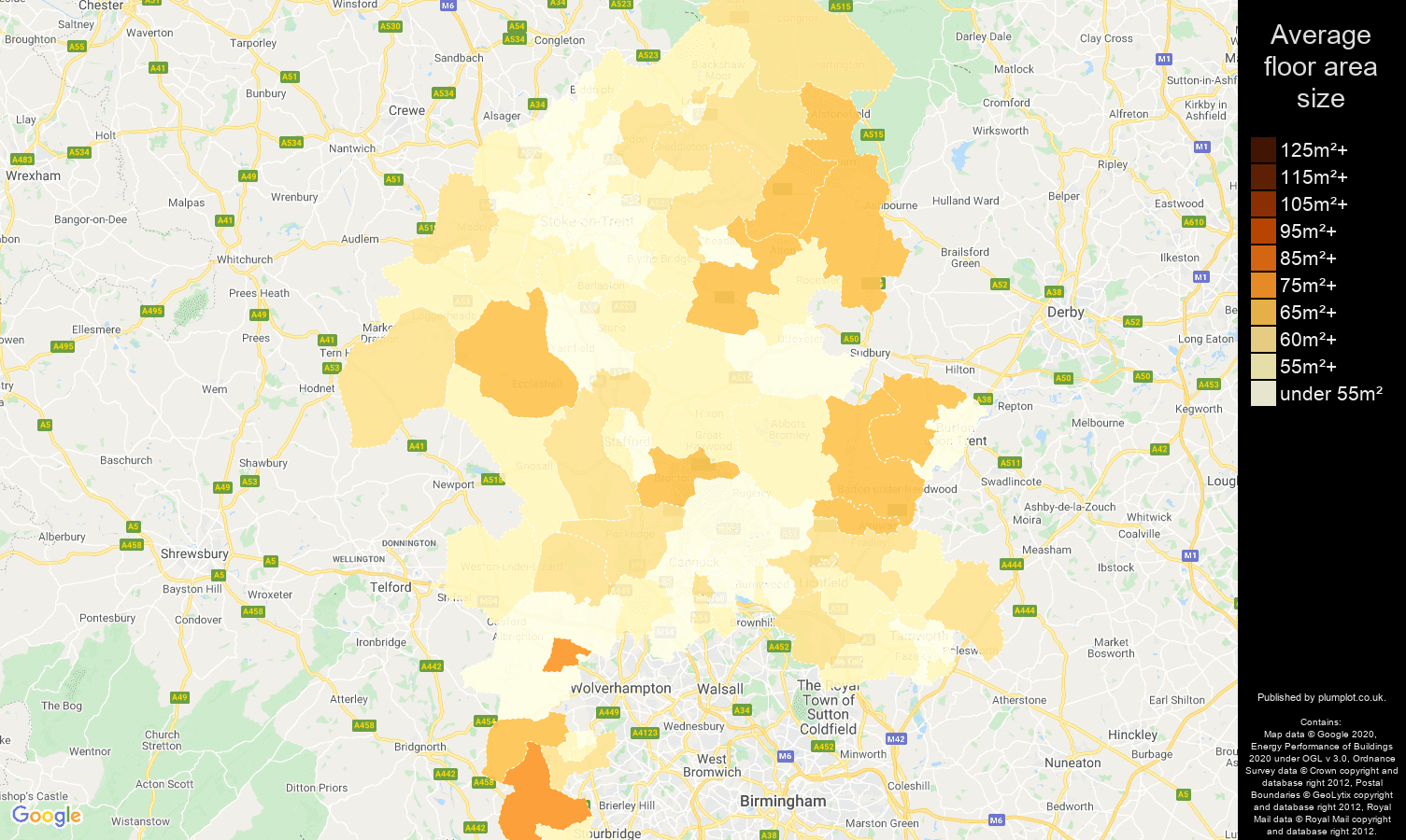 Staffordshire map of average floor area size of flats