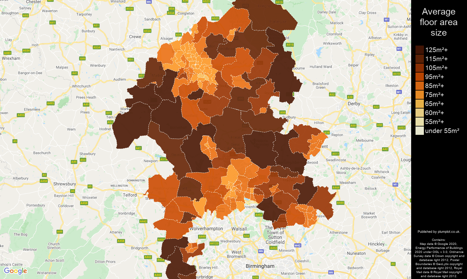 Staffordshire map of average floor area size of houses