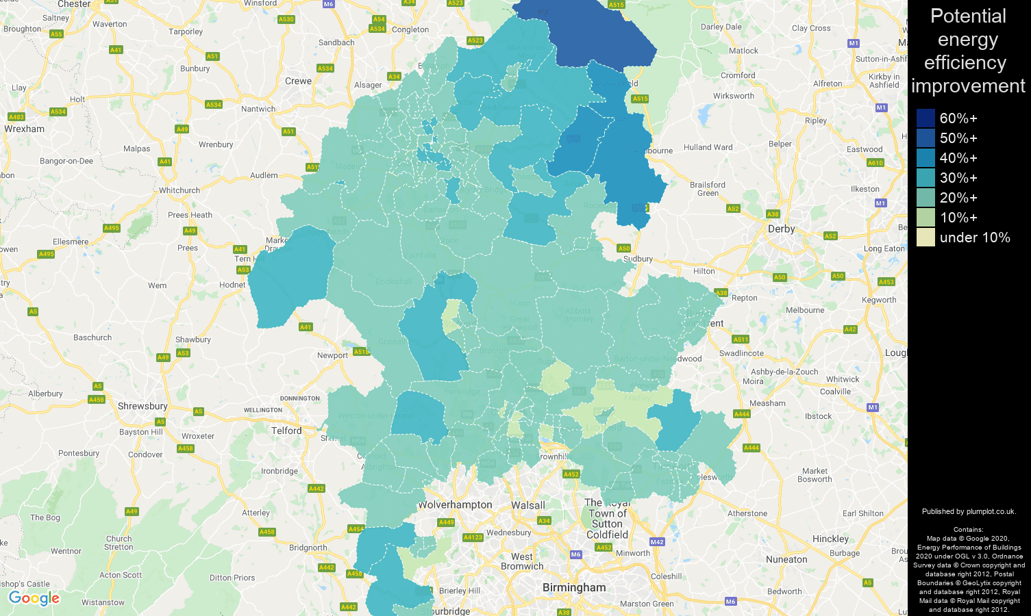 Staffordshire map of potential energy efficiency improvement of houses