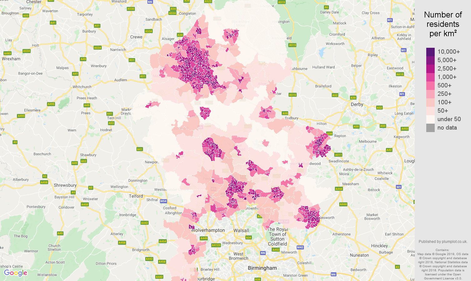 Staffordshire population density map