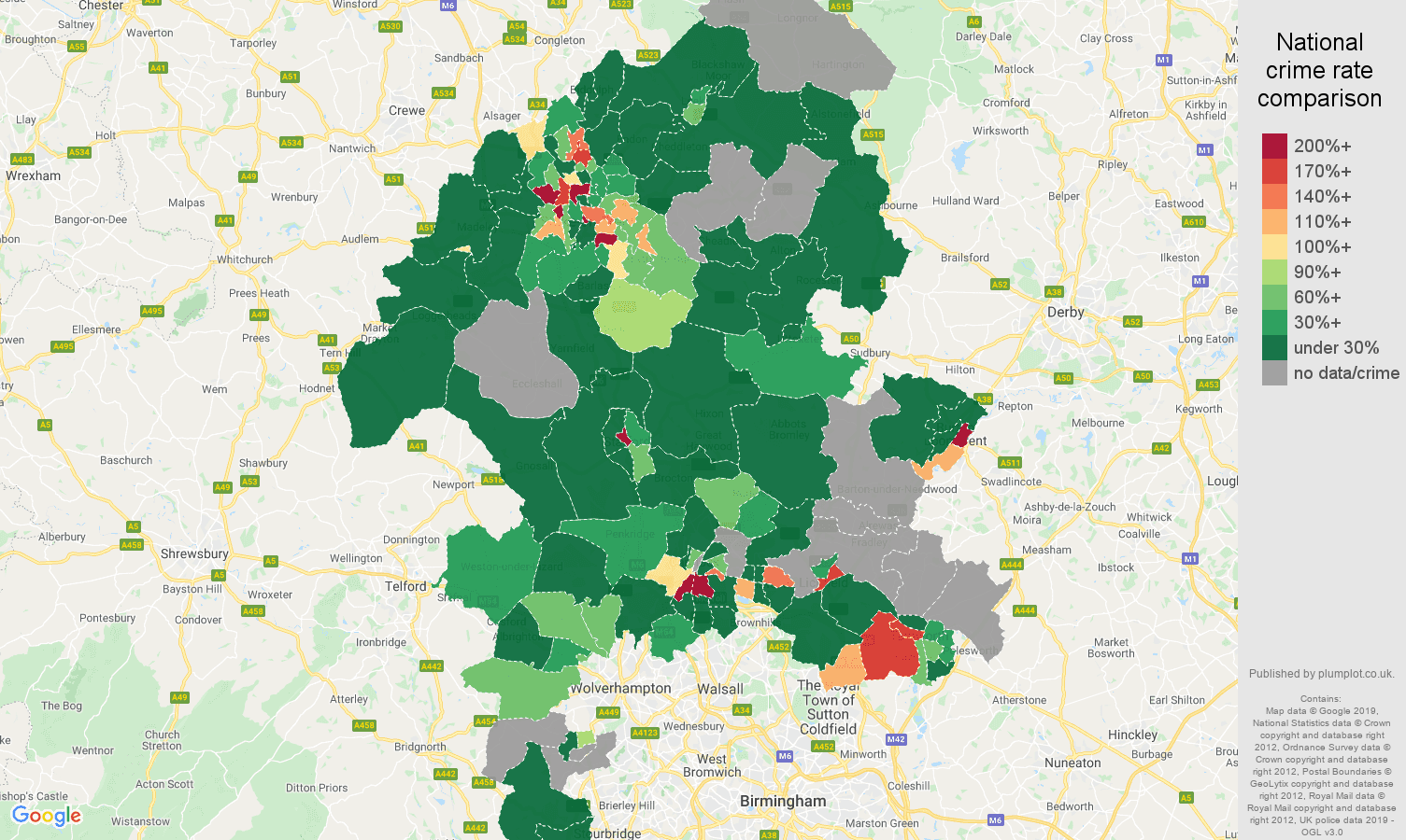 Staffordshire shoplifting crime rate comparison map