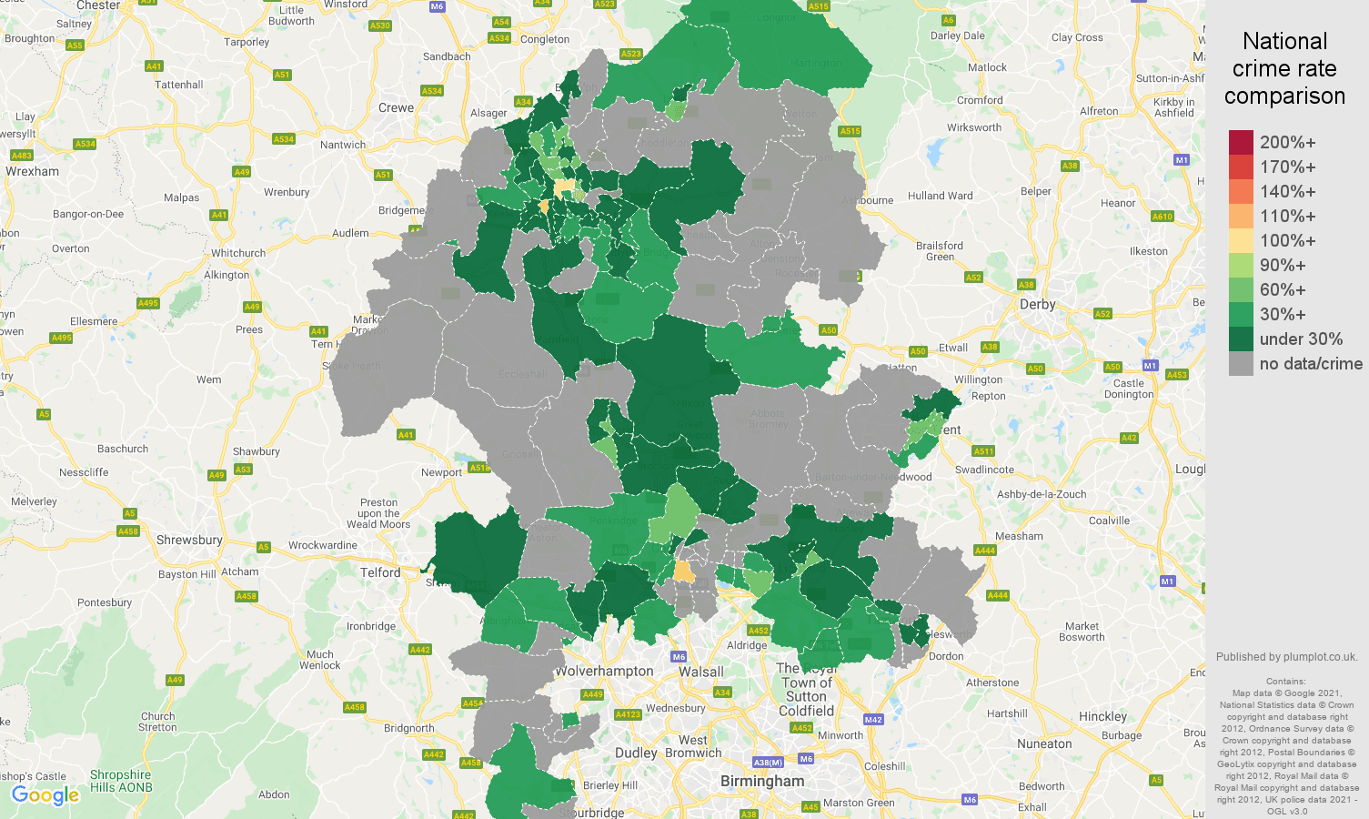 Staffordshire theft from the person crime rate comparison map