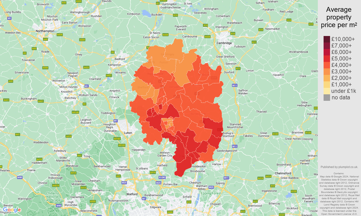 Stevenage house prices per square metre map