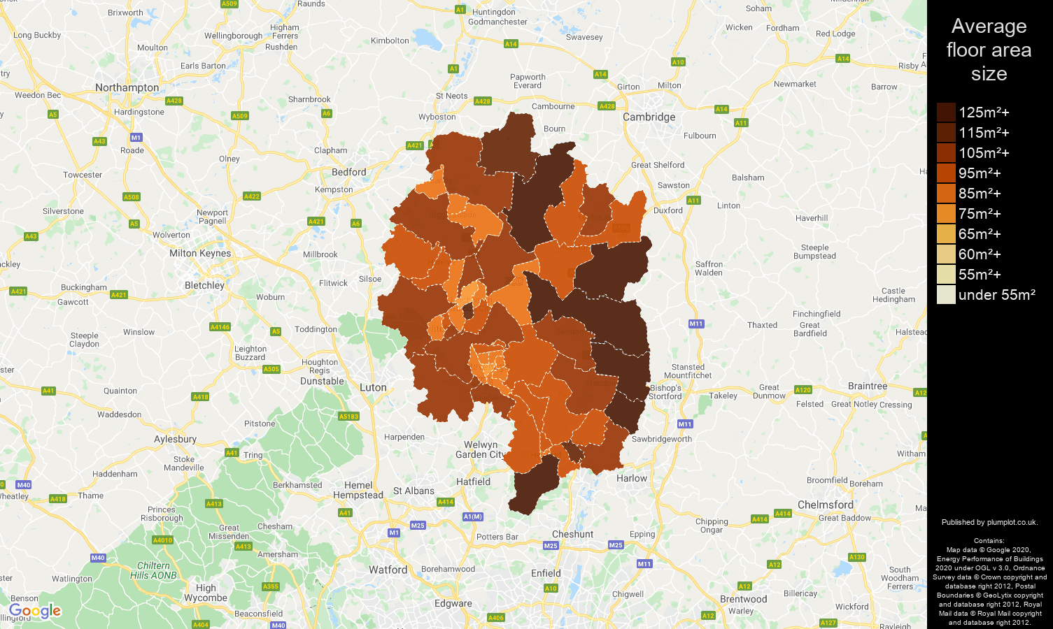 Stevenage map of average floor area size of houses
