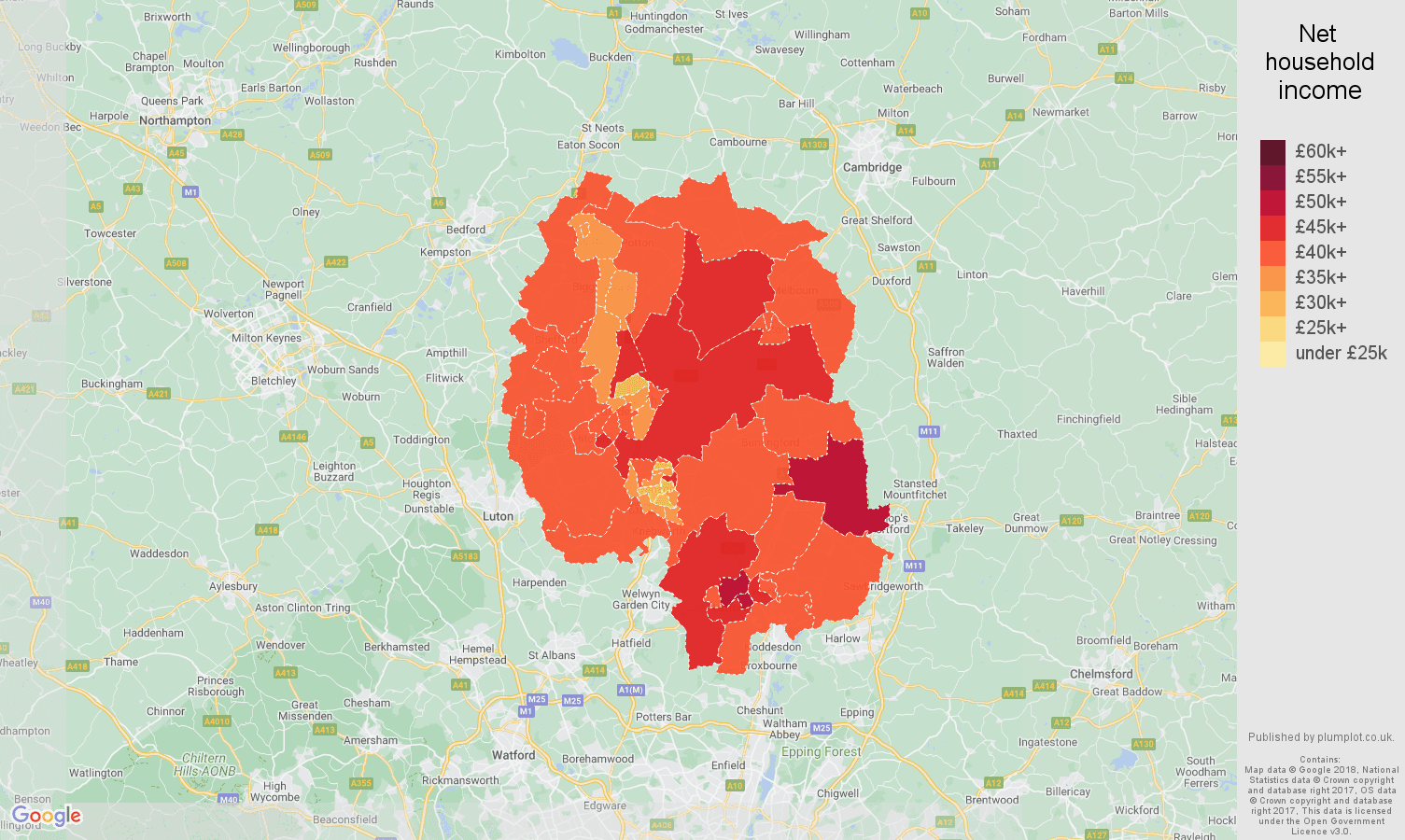 Stevenage net household income map