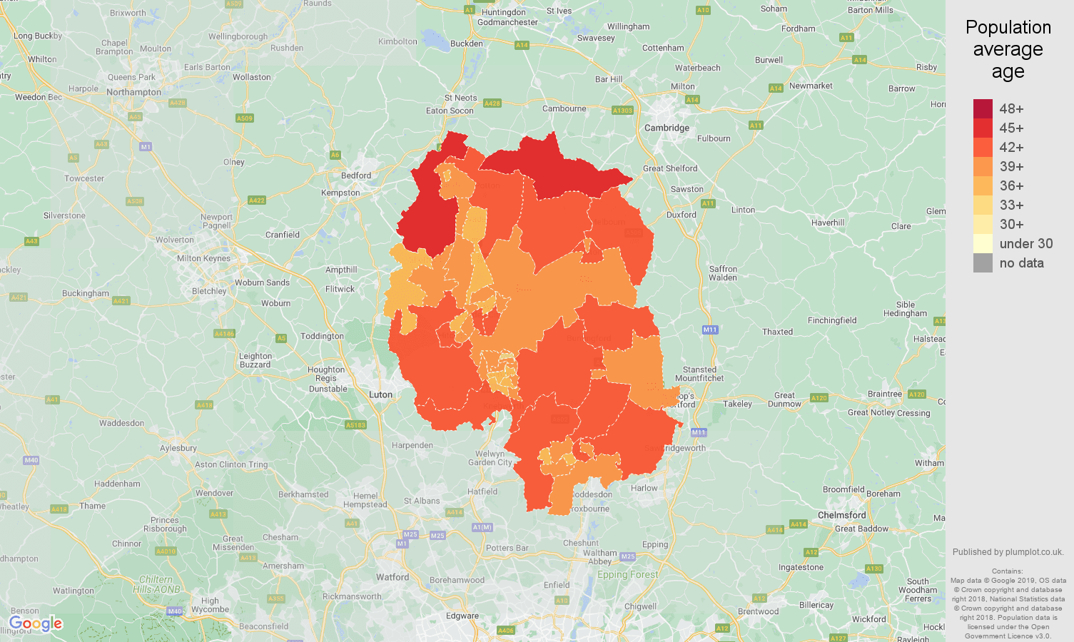 Stevenage population average age map