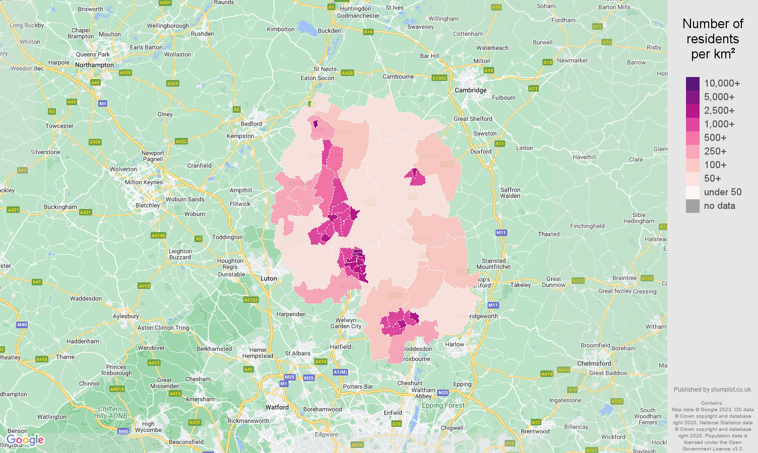 Stevenage population density map
