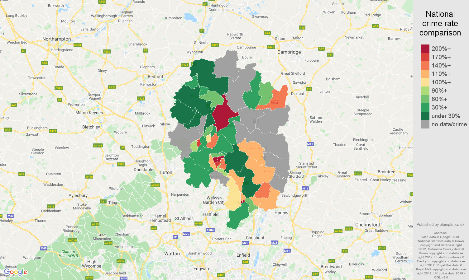 Stevenage possession of weapons crime rate comparison map