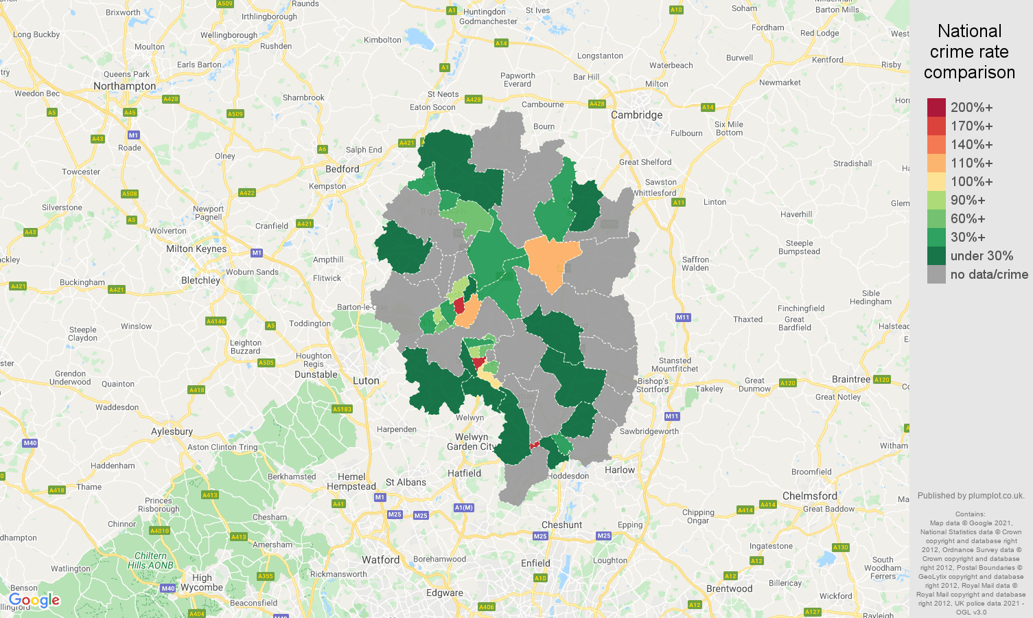 Stevenage theft from the person crime rate comparison map