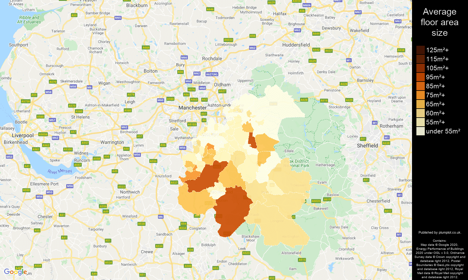 Stockport map of average floor area size of flats