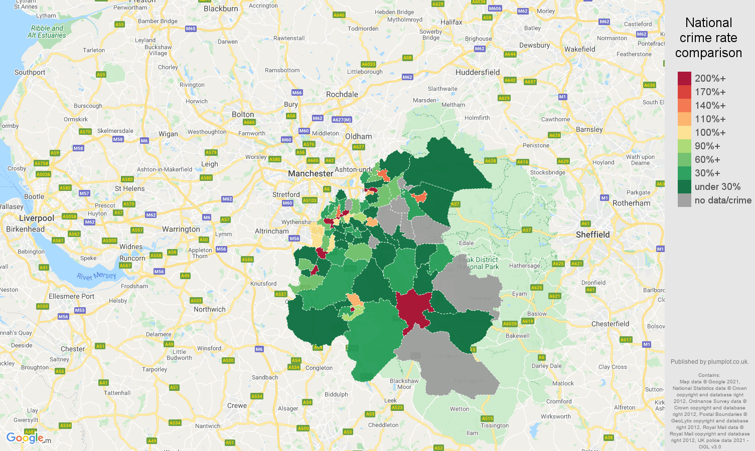 Stockport shoplifting crime rate comparison map