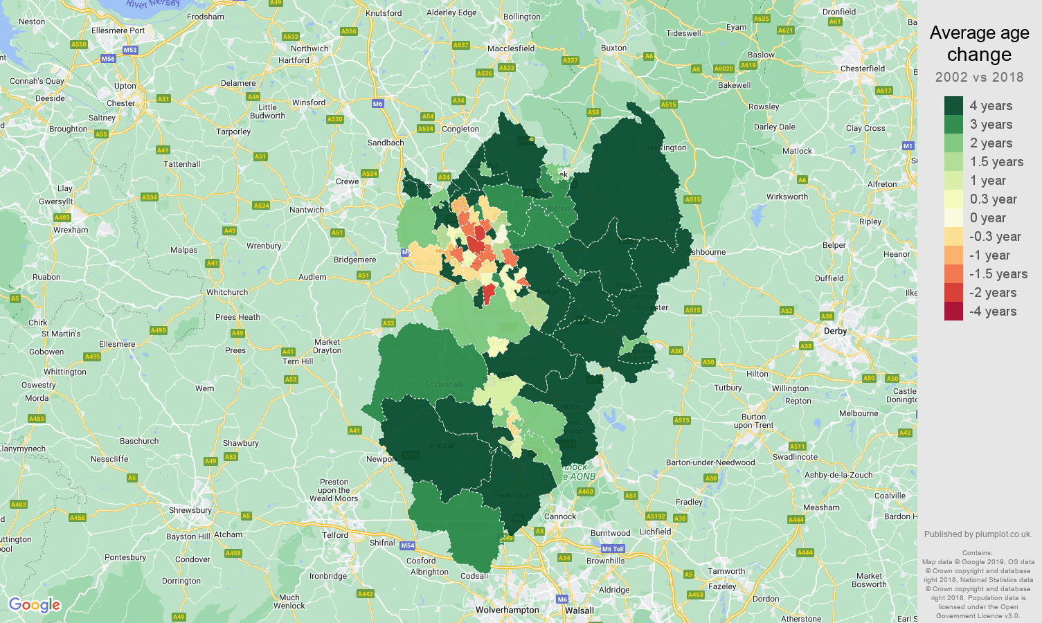 Stoke on Trent average age change map