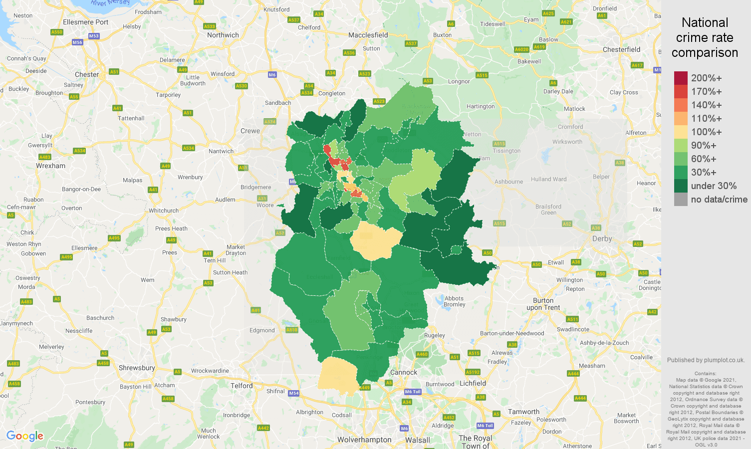 Stoke on Trent burglary crime rate comparison map