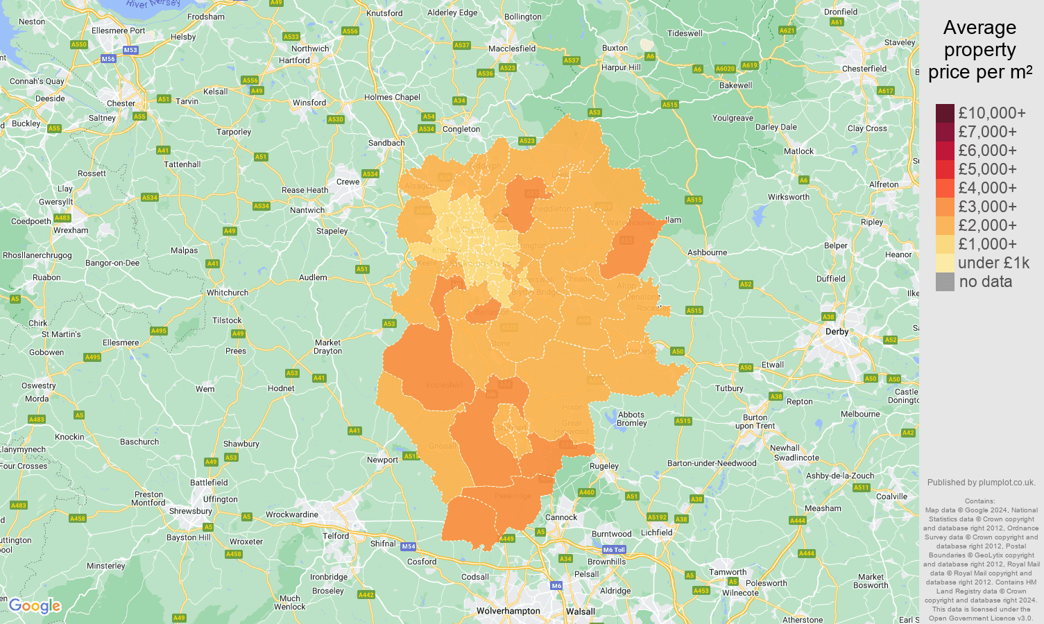 Stoke on Trent house prices per square metre map