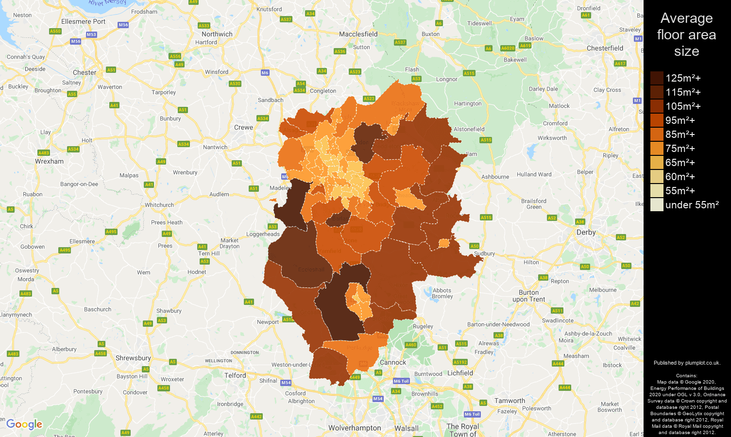 Stoke on Trent map of average floor area size of properties