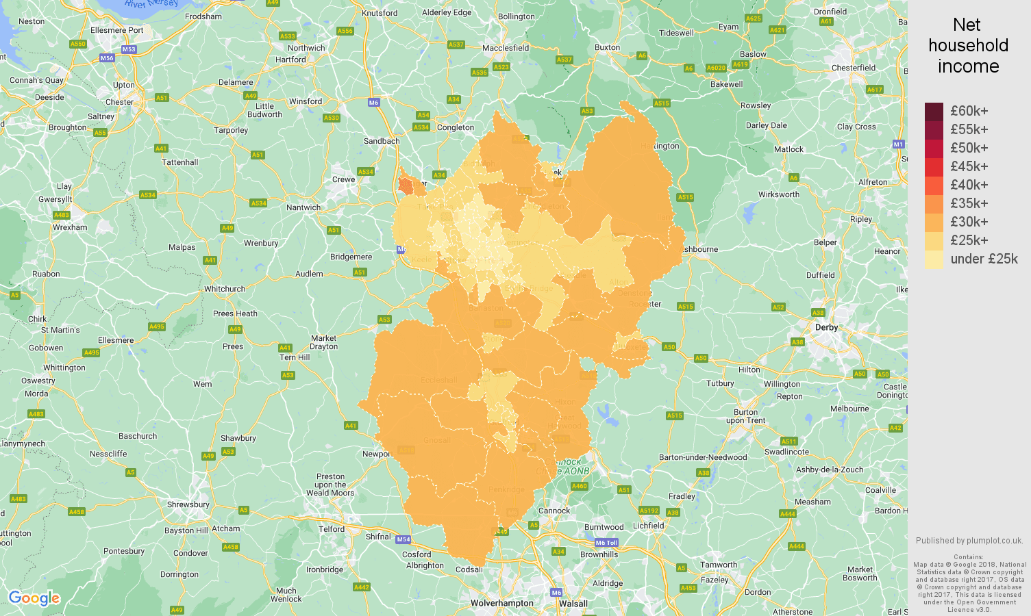 Stoke on Trent net household income map