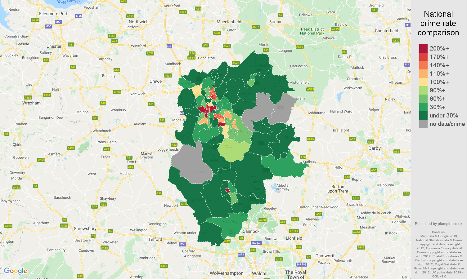 Stoke on Trent shoplifting crime rate comparison map
