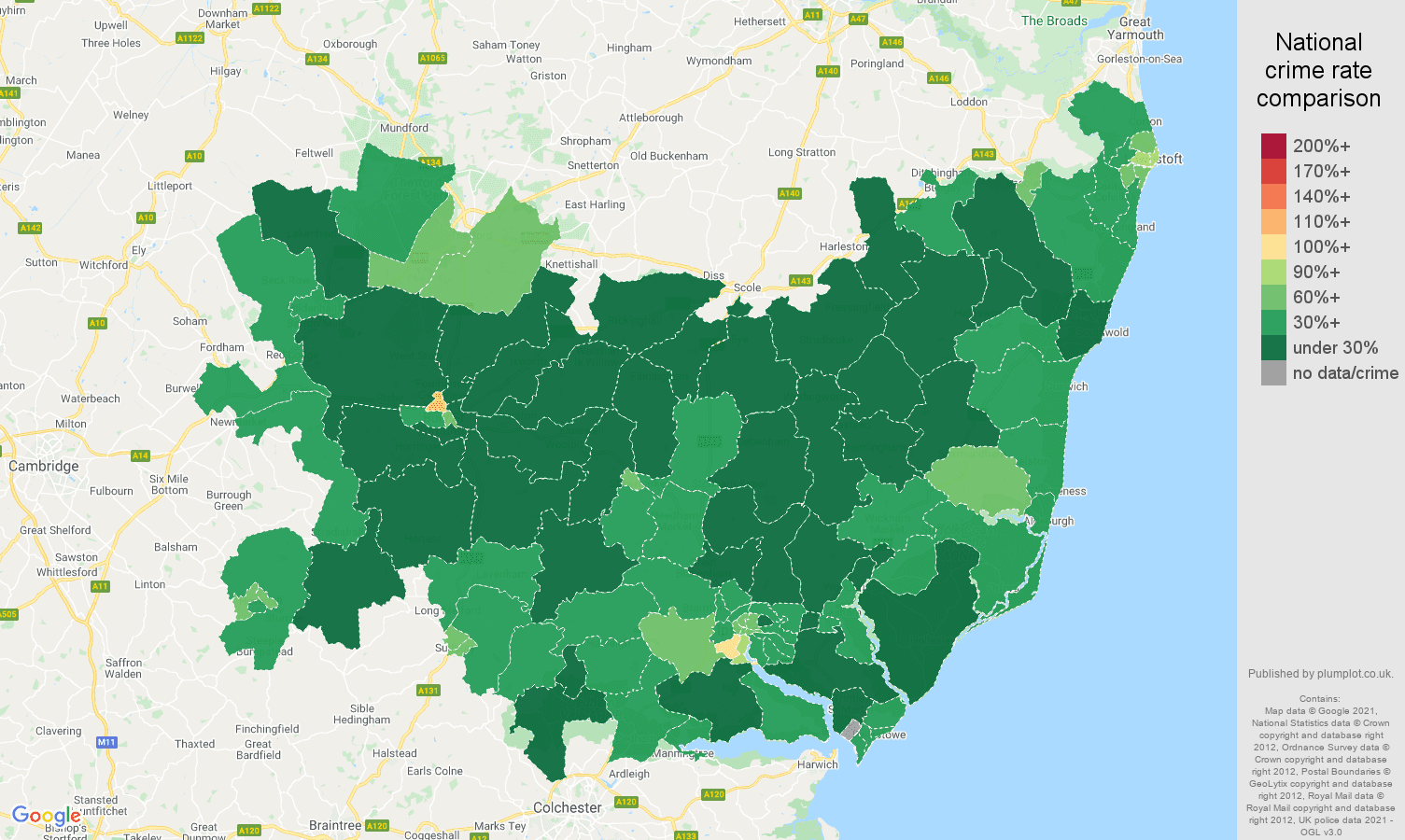 Suffolk antisocial behaviour crime rate comparison map