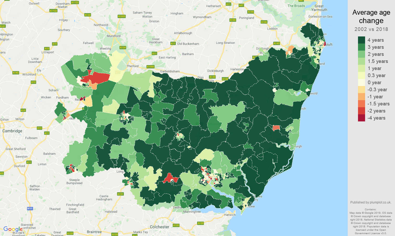 Suffolk average age change map