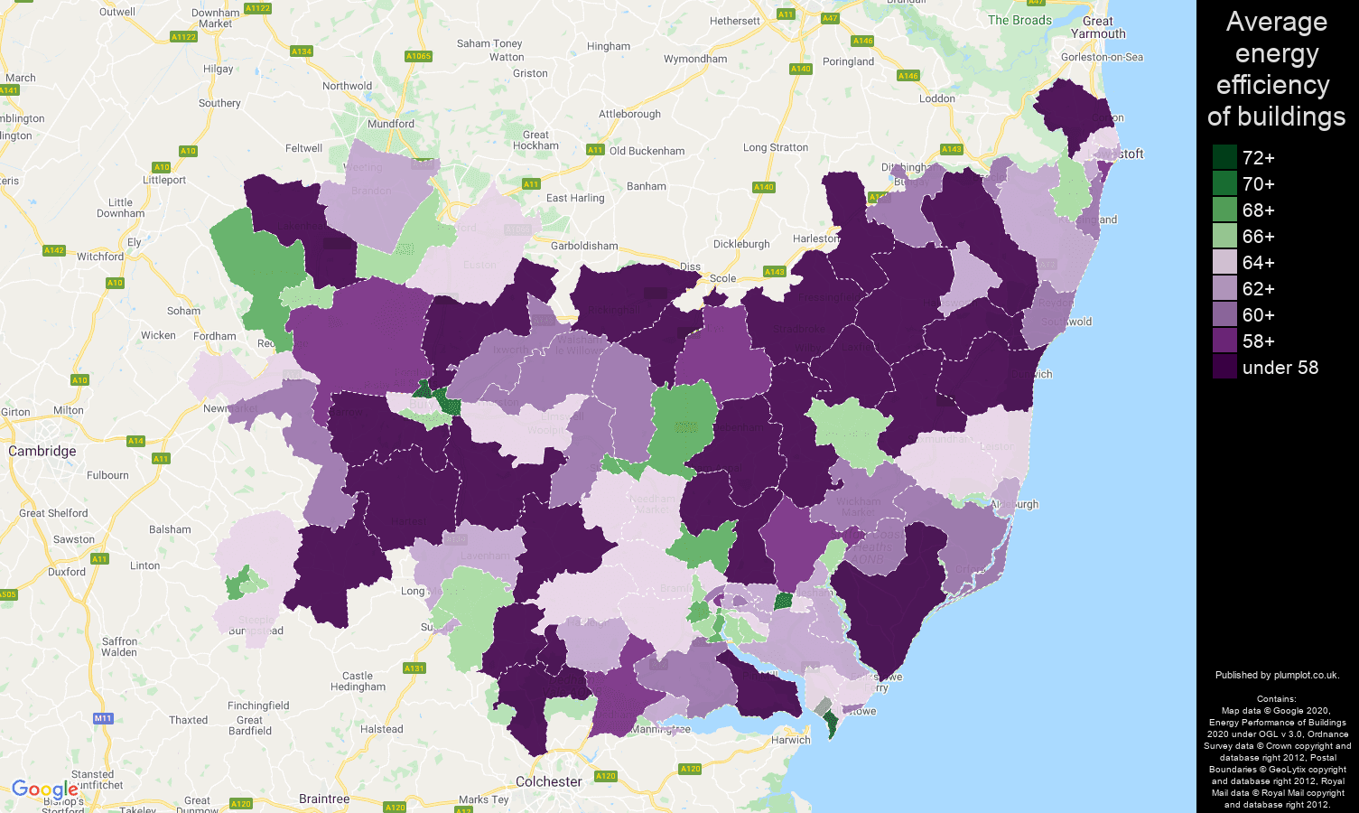 Suffolk map of energy efficiency of properties