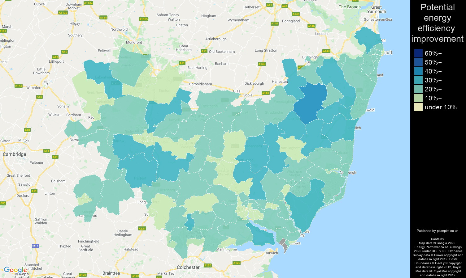 Suffolk map of potential energy efficiency improvement of properties