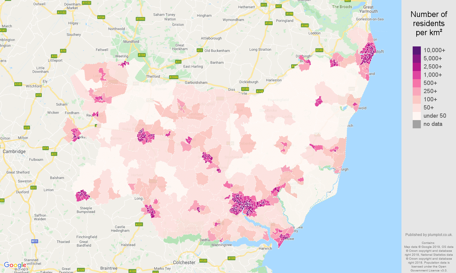 Suffolk population density map