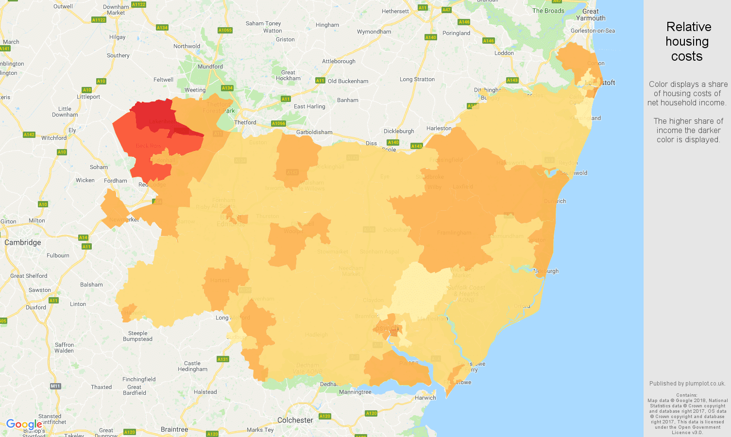 Suffolk relative housing costs map