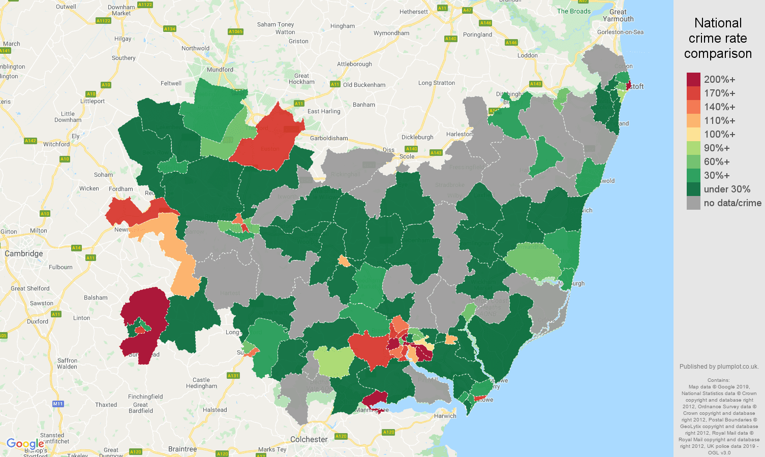 Suffolk shoplifting crime rate comparison map