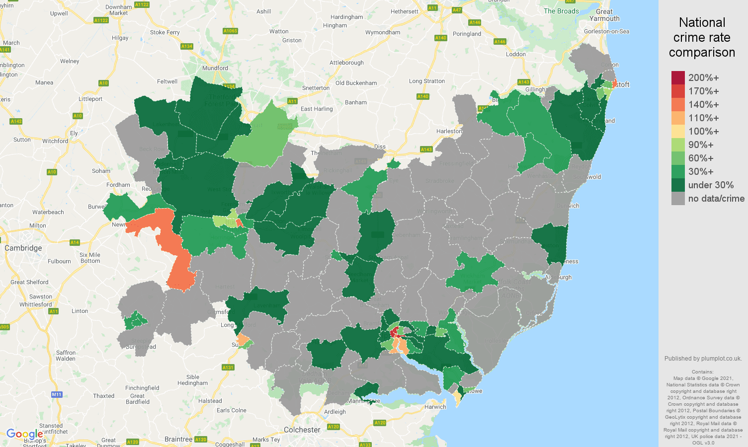 Suffolk theft from the person crime rate comparison map