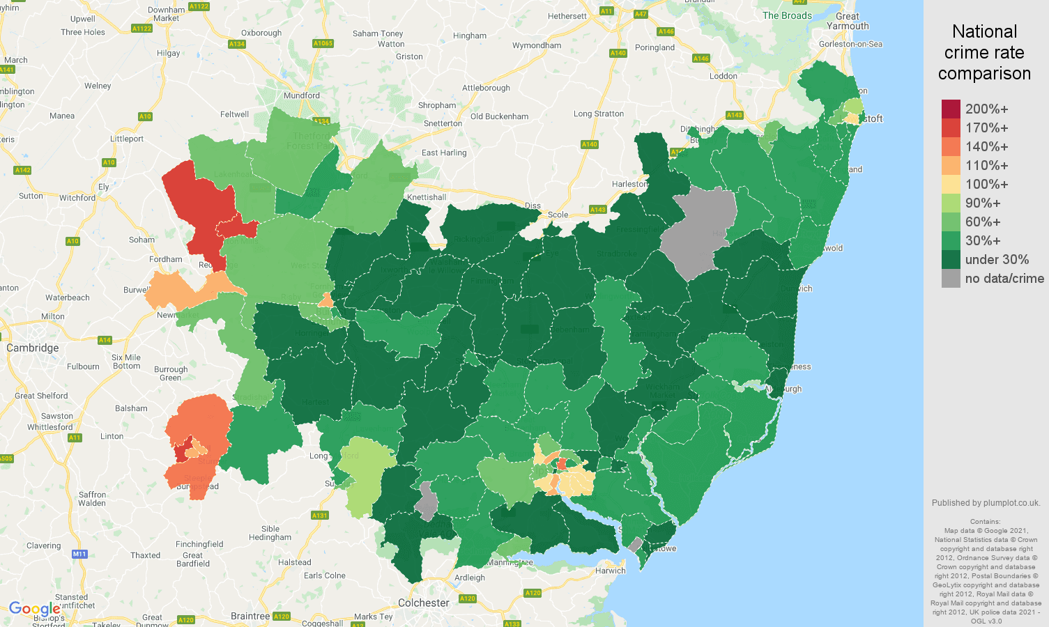 Suffolk vehicle crime rate comparison map