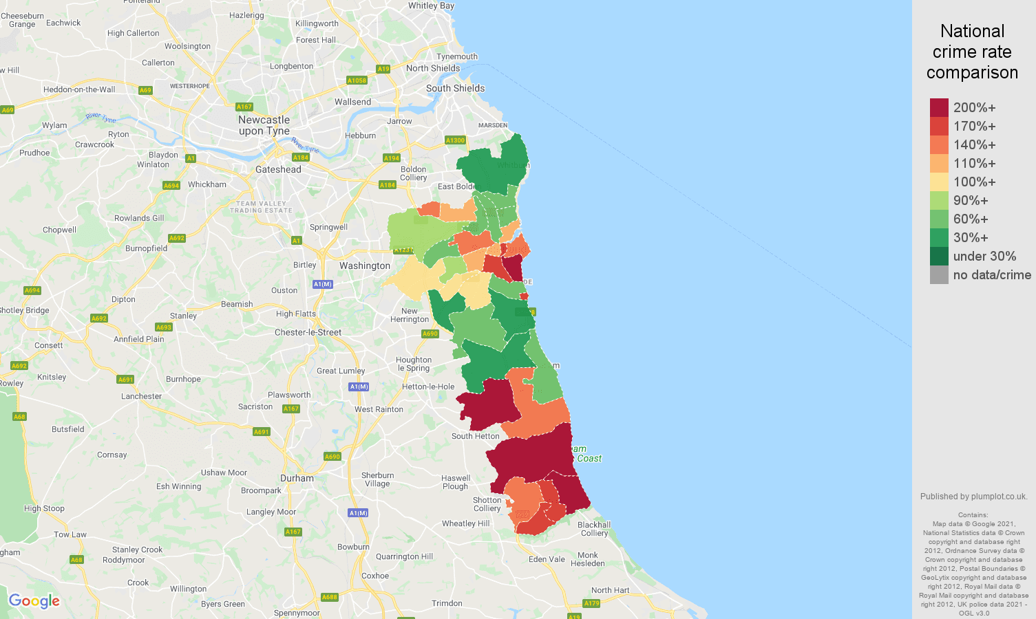 Sunderland burglary crime rate comparison map