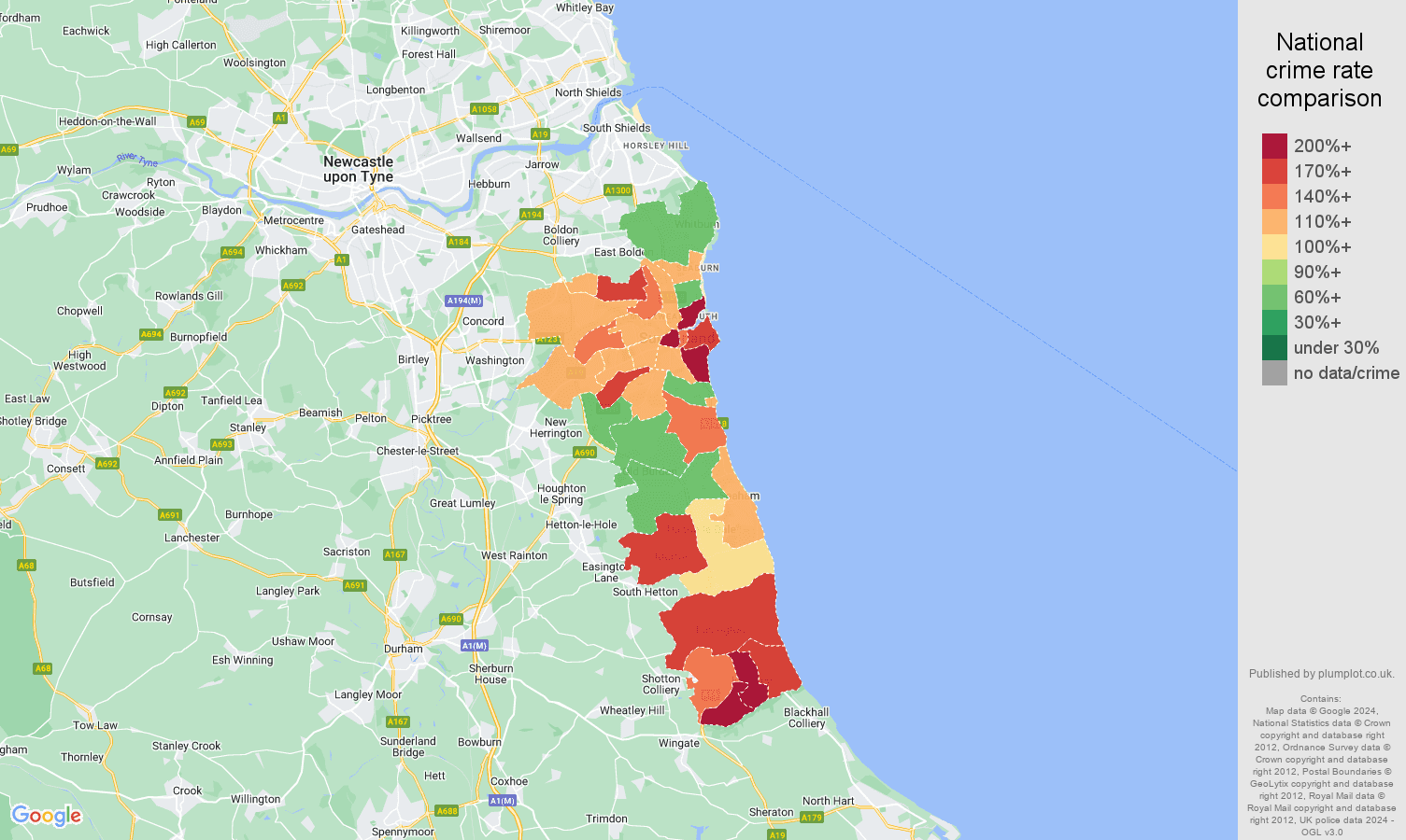 Sunderland crime rate comparison map