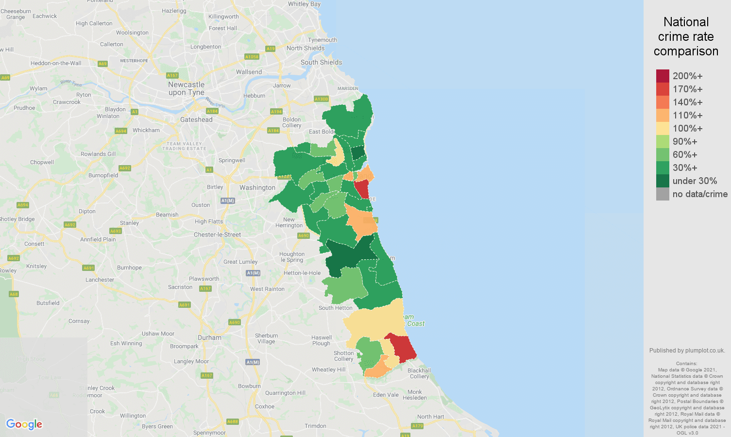 Sunderland drugs crime rate comparison map