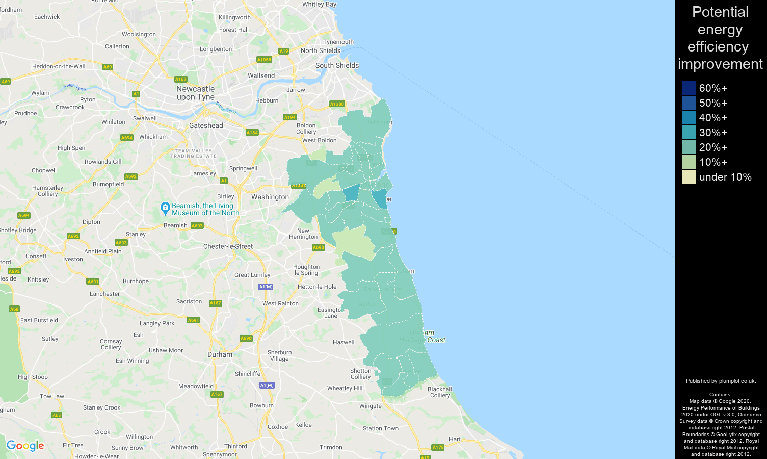 Sunderland map of potential energy efficiency improvement of houses