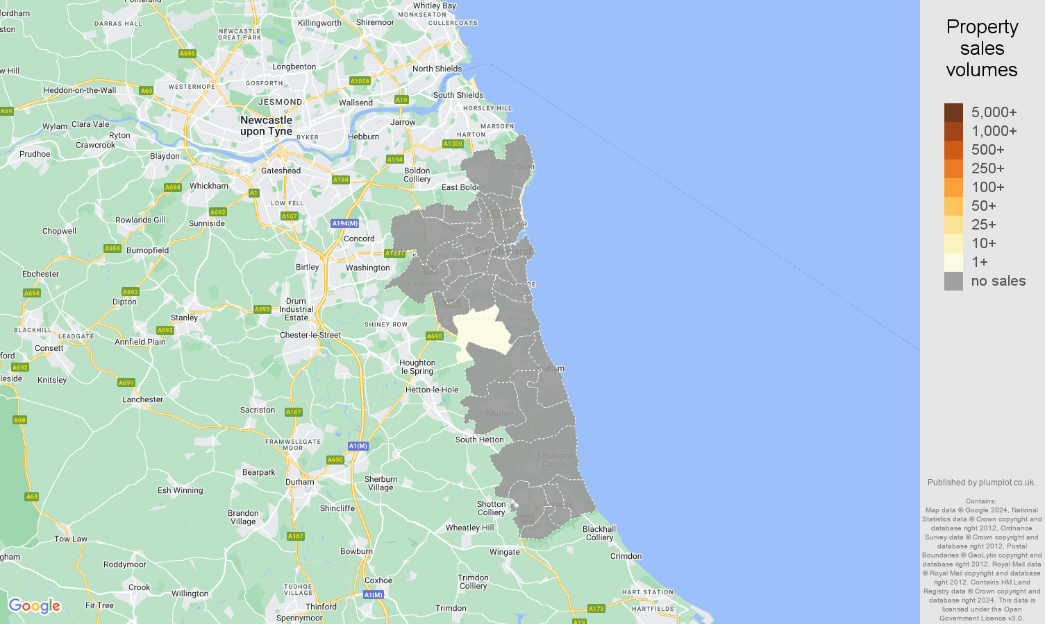 Sunderland map of sales of new properties