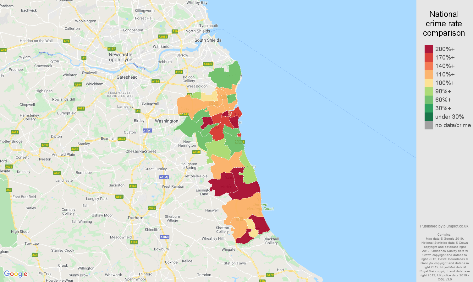 Sunderland other theft crime rate comparison map